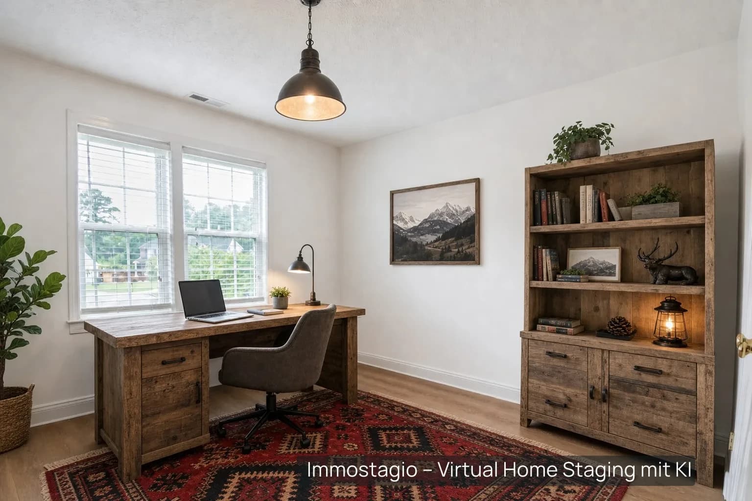 Arbeitszimmer im Schweizer-Chalet-Stil: Holzregal mit Büchern, Schreibtisch, Perserteppich und alpine Anmutung.