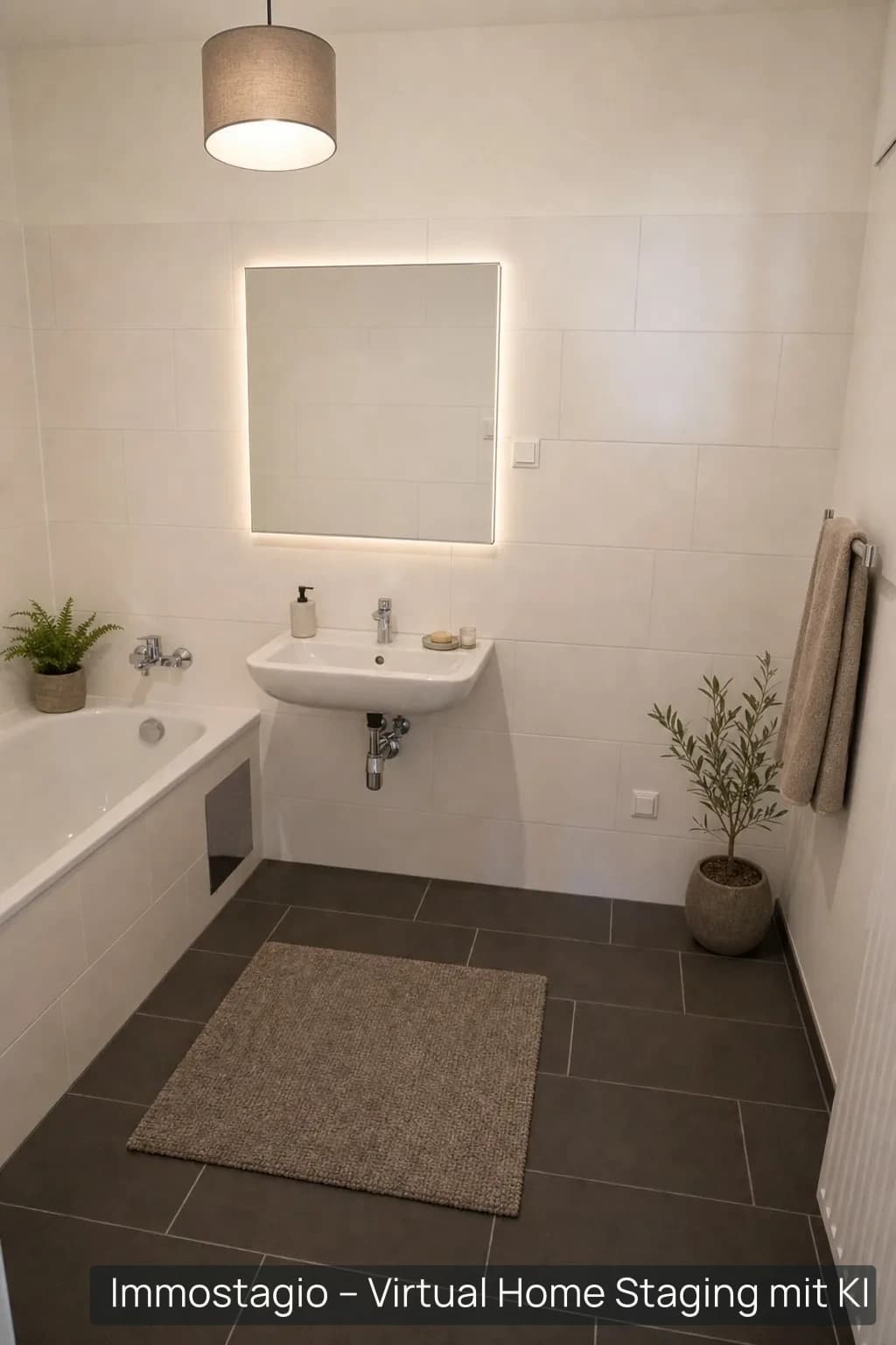 Dasselbe Badezimmer virtuell eingerichtet: beleuchteter Spiegelschrank, Pflanzen, Handtücher und Badematte.