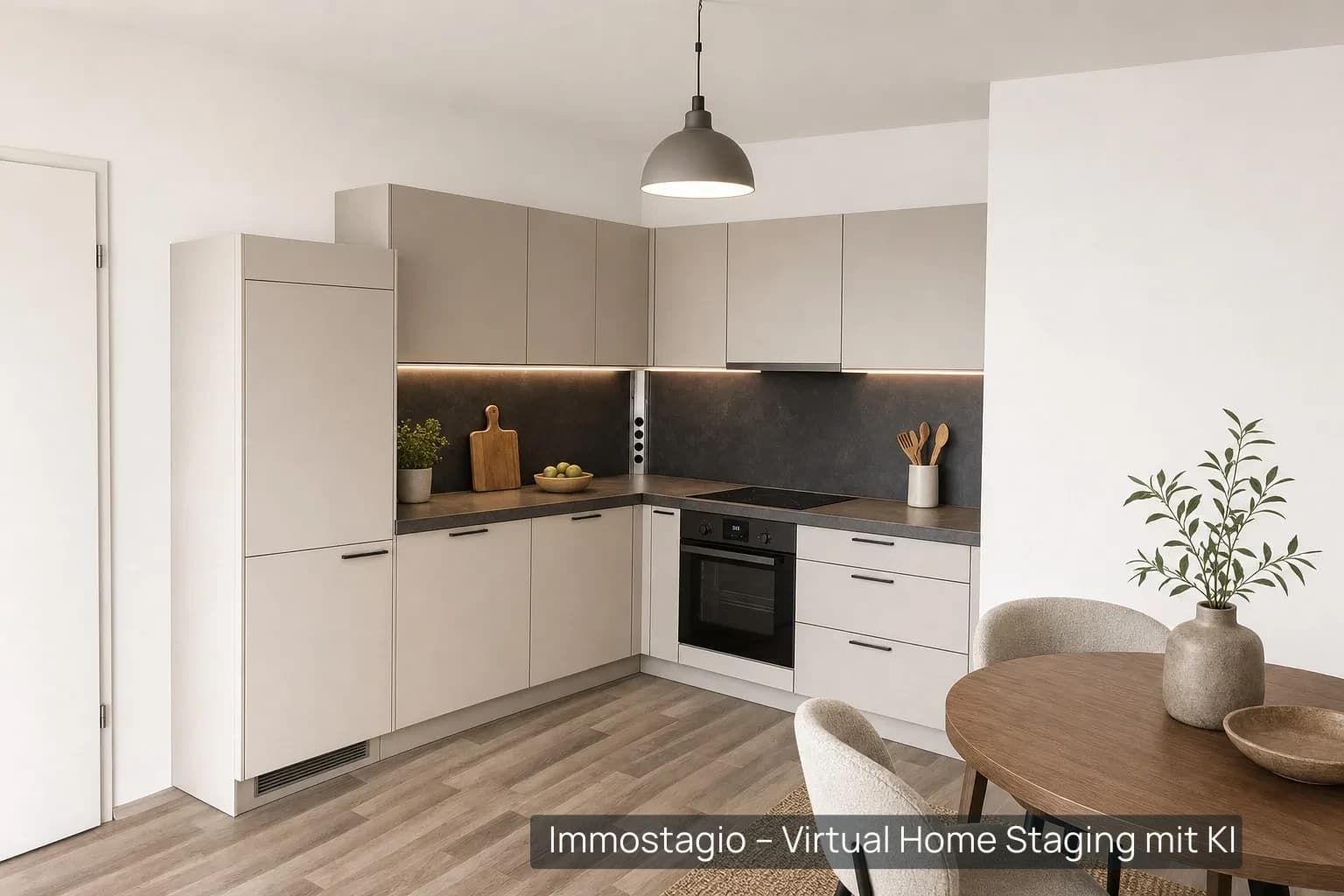 Küche im Stil „Modern“: helle Fronten, heller Holzboden, Essplatz mit Stühlen und Pflanze.