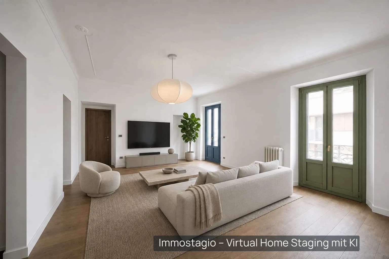Wohnzimmer im Stil „Minimalistisch“: weiße Wände, helles Sofa, wenige Möbel und grüne Flügeltüren zum Balkon.